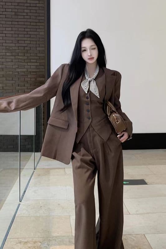 오래된 돈 바람 패션 세트 품격 긴팔 블레이저 베스트 조끼 여성 가을 캐주얼 와이드 레그 팬츠 투피스 세트 상세 이미지 12