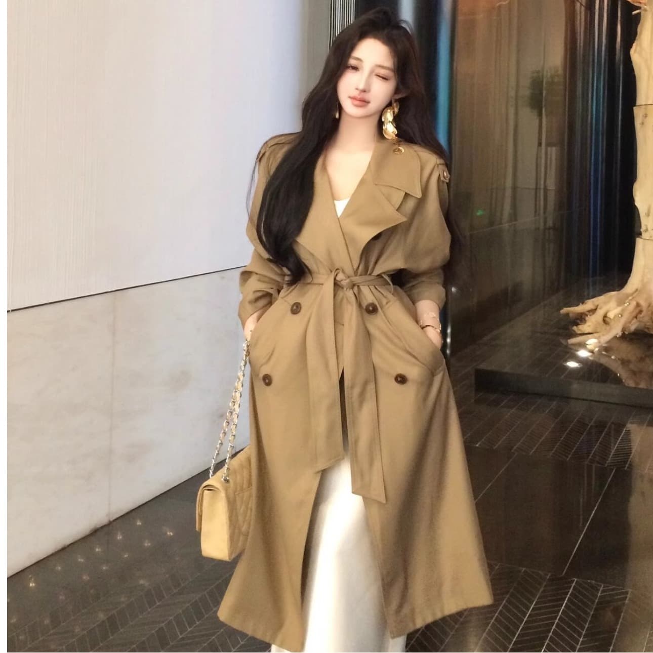 카키 색 품격 빅 칼라 긴팔 바람막이 여성 코트 가을 루즈핏 이중 버튼 레이스업 롱 코트 오픈 가디건 코트
