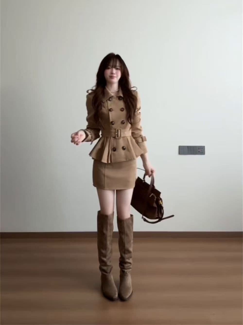 레트로 카키 색 이중 버튼 폴로 칼라 재킷 재킷 가을 새로운 순수한 욕망 타이트 스커트 반신 스커트 품격 세트 여성 상세 이미지 6