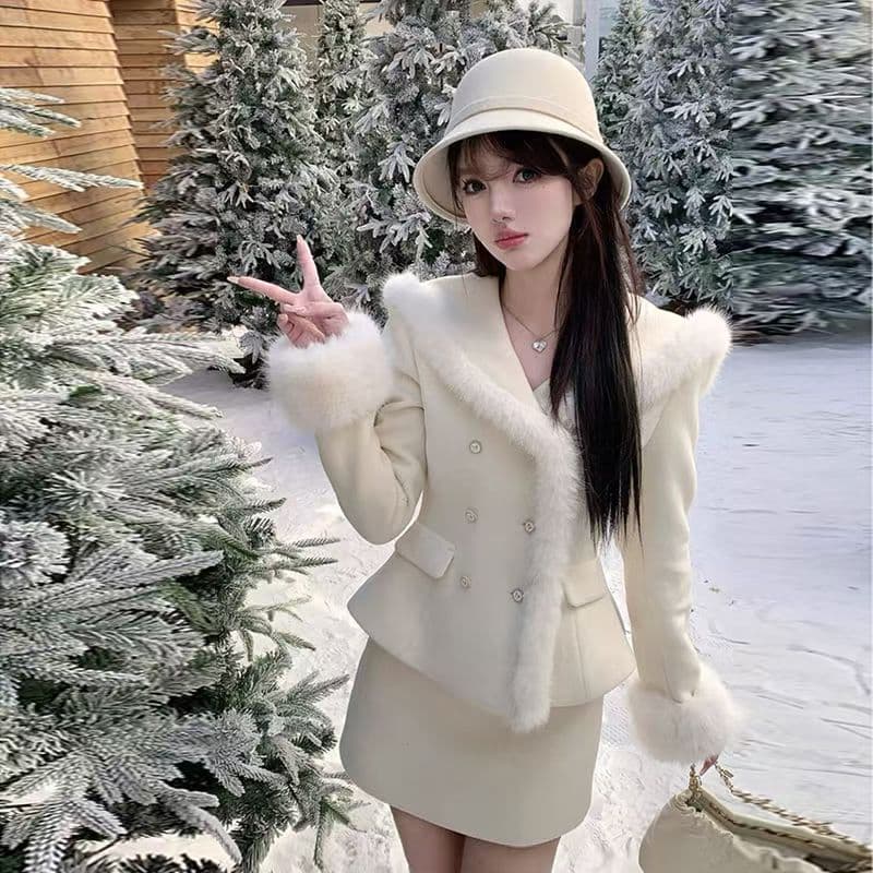 꼽 천 골드 연령 감소 품격 모직 외투 겨울 작은 키 반신 스커트 투피스 슈트 이미지 3