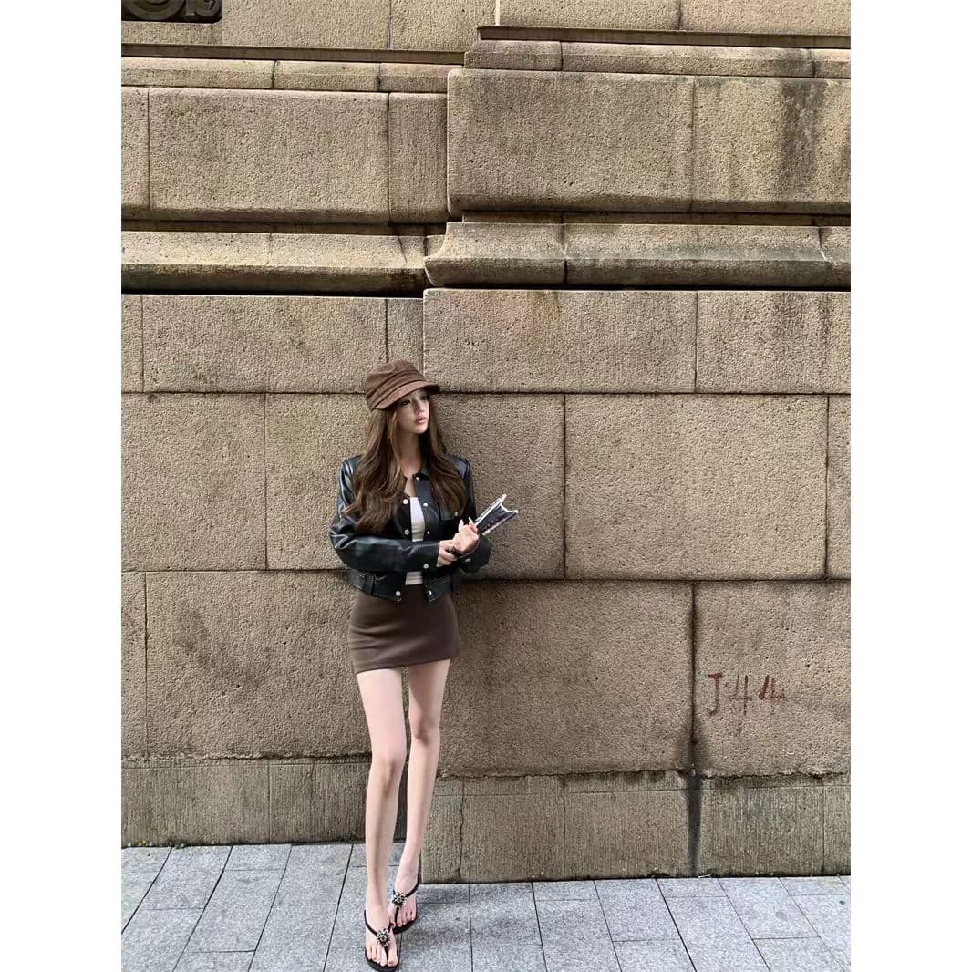 레트로 검정색 폴로 칼라 가죽 재킷 여성 코트 가을 아메리칸 오토바이 서비스 루즈핏 품격 가죽 자켓 쇼트 스타일 맨위 상세 이미지 5