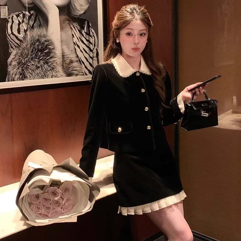투피스 세트 있음 안감 25 가을 새로운 miu 부서 부유 한 가족 천 금빛 바람 세트 베이비 칼라 샤오시엔 재킷 상세 이미지 2