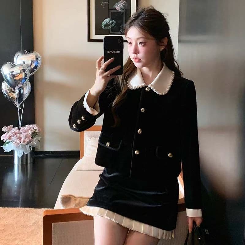 투피스 세트 있음 안감 25 가을 새로운 miu 부서 부유 한 가족 천 금빛 바람 세트 베이비 칼라 샤오시엔 재킷 상세 이미지 5