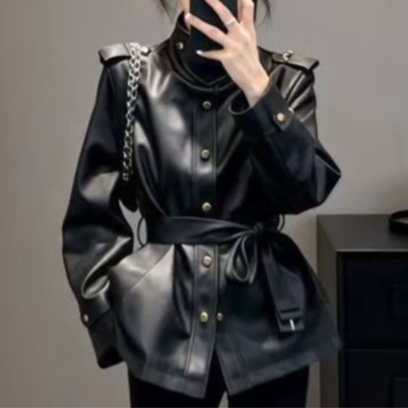 한 부서 작은 대중 스탠드 칼라 긍정적 인 어깨 가죽 재킷 여성 코트 가을 겨울 새로운 패션 허리 수축 스트랩 긴팔 싱글 줄 버튼 맨위 이미지 5
