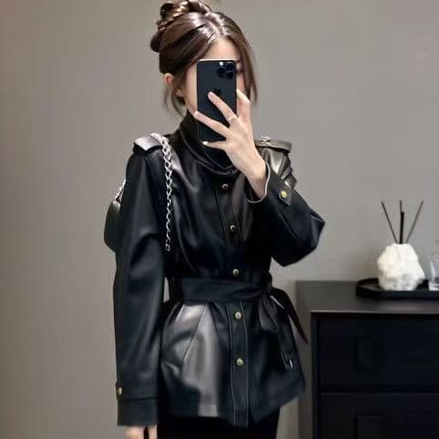 한 부서 작은 대중 스탠드 칼라 긍정적 인 어깨 가죽 재킷 여성 코트 가을 겨울 새로운 패션 허리 수축 스트랩 긴팔 싱글 줄 버튼 맨위 상세 이미지 8