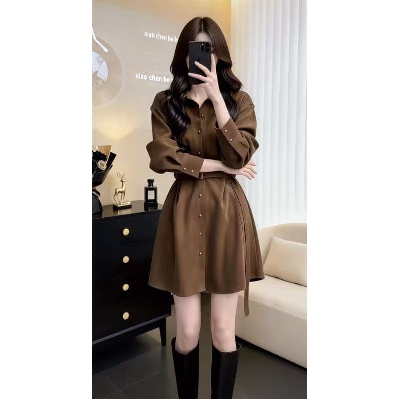 프랑스식 품격 로얄 자매 달콤함 천 골드 고급 센스 명문 여성 허리 수축 브라운 두꺼운 중간 길이 울 코트 가을 겨울 상세 이미지 5