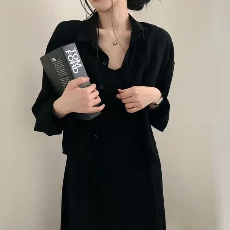 한국 스타일 chic 봄 가을 프랑스식 레트로 품격 연령 감소 섹시함 슬립 드레스 셔츠 재킷 두 조각 여성 세트 이미지 5