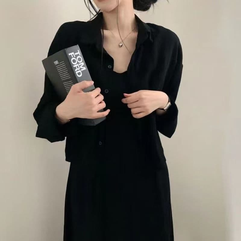 한국 스타일 chic 봄 가을 프랑스식 레트로 품격 연령 감소 섹시함 슬립 드레스 셔츠 재킷 두 조각 여성 세트 상세 이미지 7