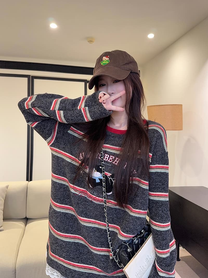 실사 280 그램 토끼털 플러시 긴팔 티셔츠 기본 셔츠 여성 의류 레이스 아메리칸 스트라이프 봄 가을 라운드 넥 맨위 상세 이미지 15