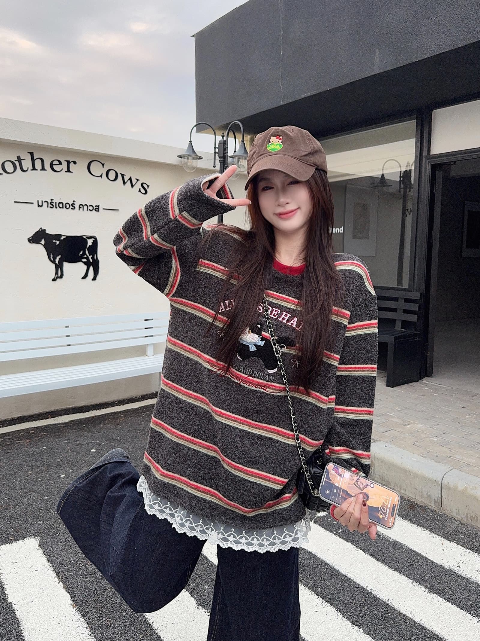 실사 280 그램 토끼털 플러시 긴팔 티셔츠 기본 셔츠 여성 의류 레이스 아메리칸 스트라이프 봄 가을 라운드 넥 맨위 상세 이미지 25