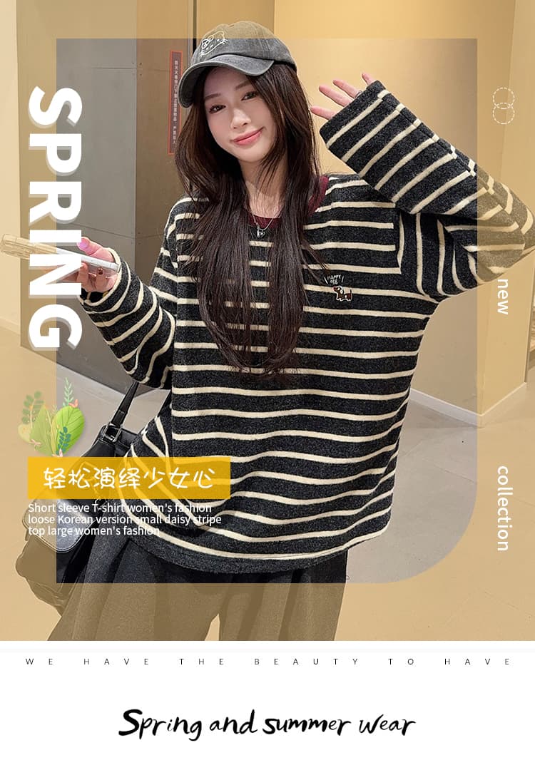 실사 280 그램 토끼털 플러시 긴팔 티셔츠 기본 셔츠 여성 의류 레이스 아메리칸 스트라이프 봄 가을 라운드 넥 맨위 상세 이미지 1