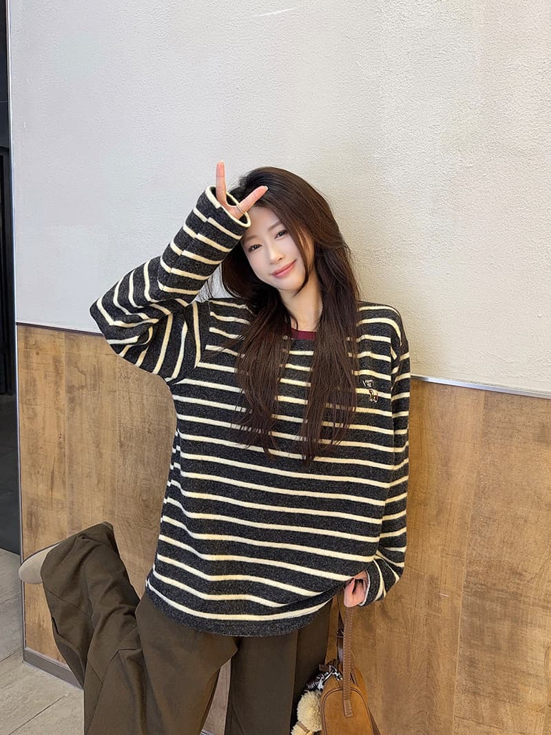 실사 280 그램 토끼털 플러시 긴팔 티셔츠 기본 셔츠 여성 의류 레이스 아메리칸 스트라이프 봄 가을 라운드 넥 맨위 상세 이미지 9