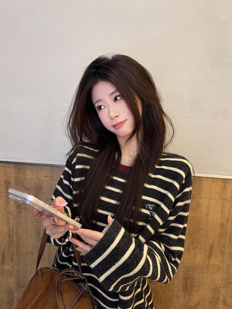 실사 280 그램 토끼털 플러시 긴팔 티셔츠 기본 셔츠 여성 의류 레이스 아메리칸 스트라이프 봄 가을 라운드 넥 맨위 상세 이미지 10