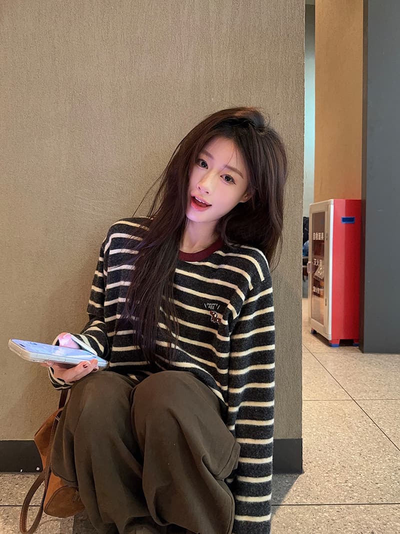 실사 280 그램 토끼털 플러시 긴팔 티셔츠 기본 셔츠 여성 의류 레이스 아메리칸 스트라이프 봄 가을 라운드 넥 맨위 상세 이미지 13
