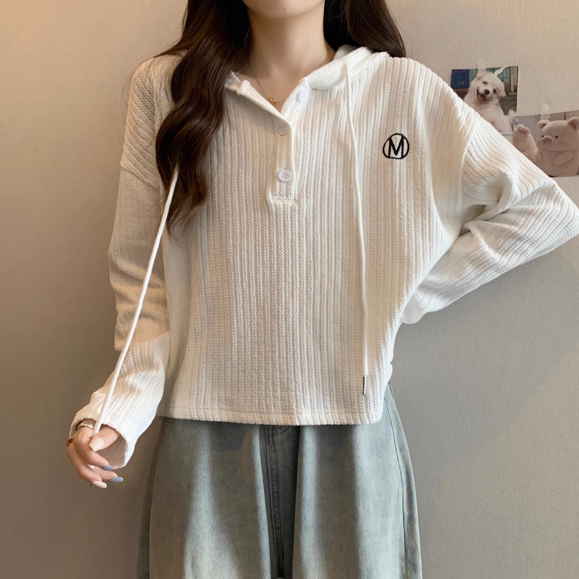 실사 작은 더블 드리다 320 그램 여성 의류 이른 봄 새로운 조수 브랜드 한국 스타일 루즈핏 가시 자수 후드 긴팔 티셔츠 맨위 이미지 3