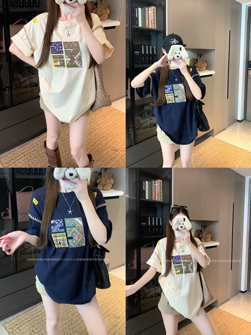 실사 32 더블 실 순면 반팔 티셔츠 여름 2025 새로운 중간 길이 루즈핏 트렌디 자수 라운드 넥 맨위 여성 의류 이미지 4