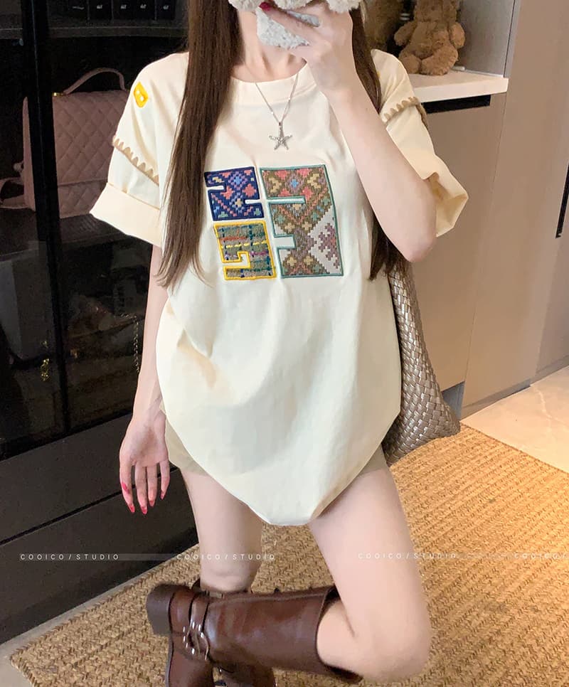 실사 32 더블 실 순면 반팔 티셔츠 여름 2025 새로운 중간 길이 루즈핏 트렌디 자수 라운드 넥 맨위 여성 의류 상세 이미지 21
