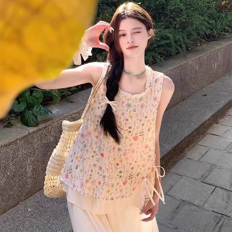 원본 원단 작은 청신 꽃무늬 레이스 민소매 맨위 여성 여름 새로운 한 부서 부드러운 바람 달콤함