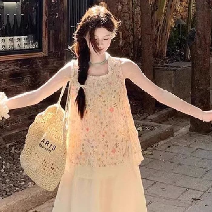 원본 원단 작은 청신 꽃무늬 레이스 민소매 맨위 여성 여름 새로운 한 부서 부드러운 바람 달콤함 이미지 2