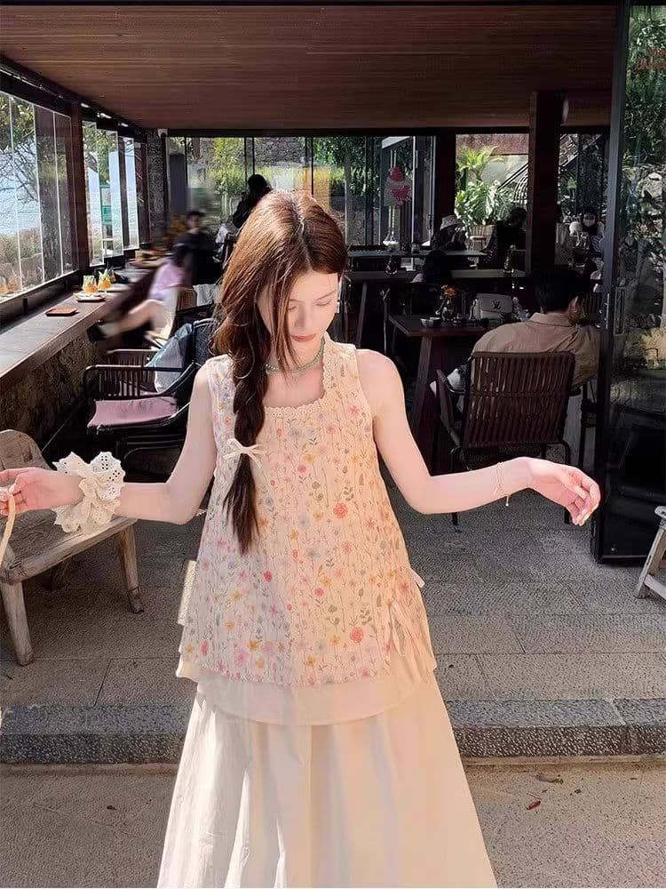 원본 원단 작은 청신 꽃무늬 레이스 민소매 맨위 여성 여름 새로운 한 부서 부드러운 바람 달콤함 상세 이미지 1