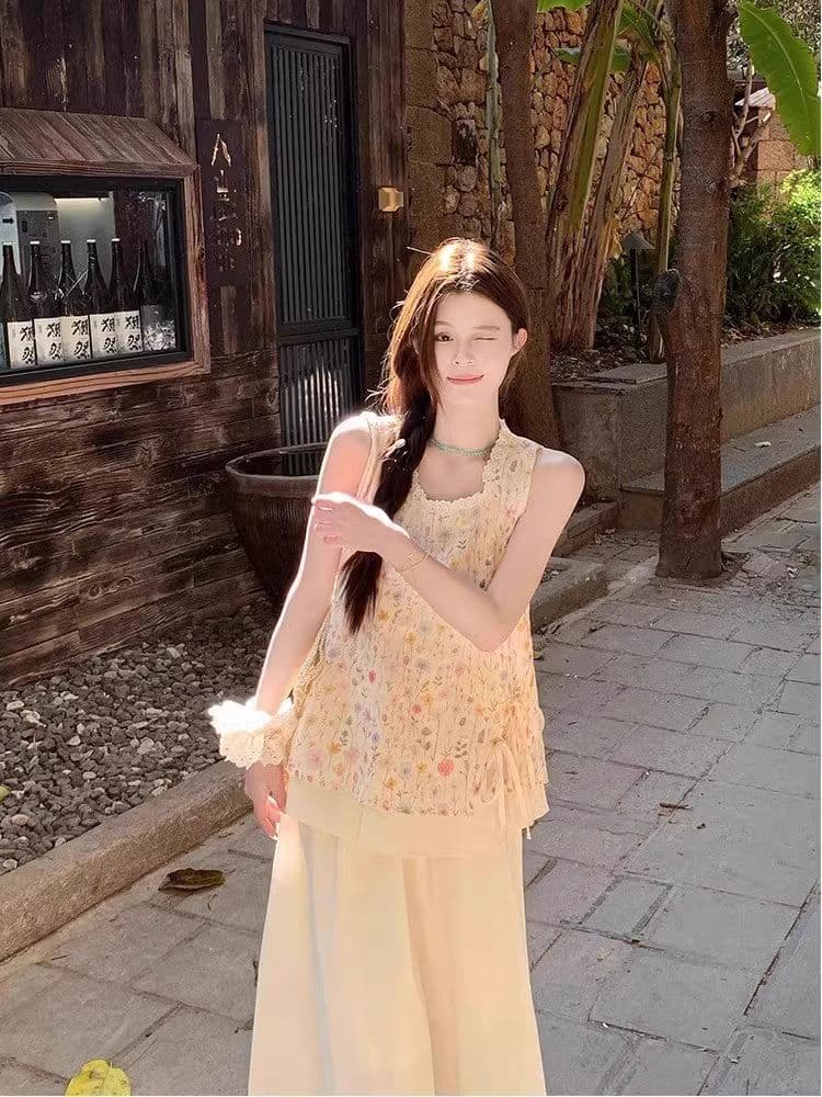 원본 원단 작은 청신 꽃무늬 레이스 민소매 맨위 여성 여름 새로운 한 부서 부드러운 바람 달콤함 상세 이미지 3