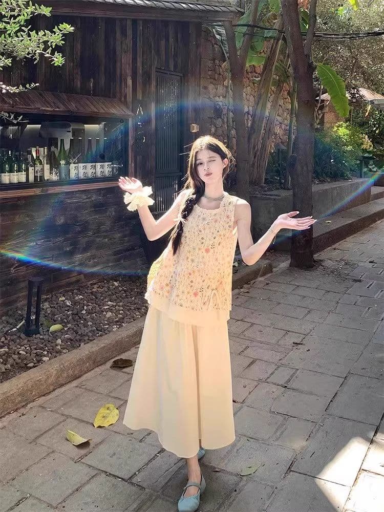 원본 원단 작은 청신 꽃무늬 레이스 민소매 맨위 여성 여름 새로운 한 부서 부드러운 바람 달콤함 상세 이미지 4