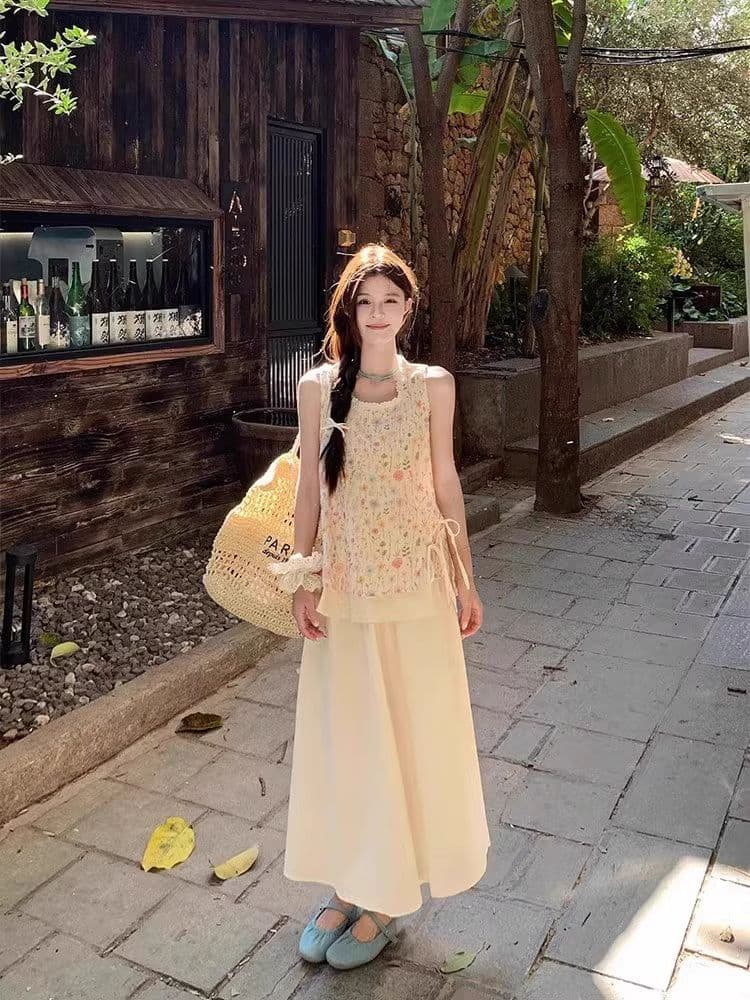 원본 원단 작은 청신 꽃무늬 레이스 민소매 맨위 여성 여름 새로운 한 부서 부드러운 바람 달콤함 상세 이미지 5