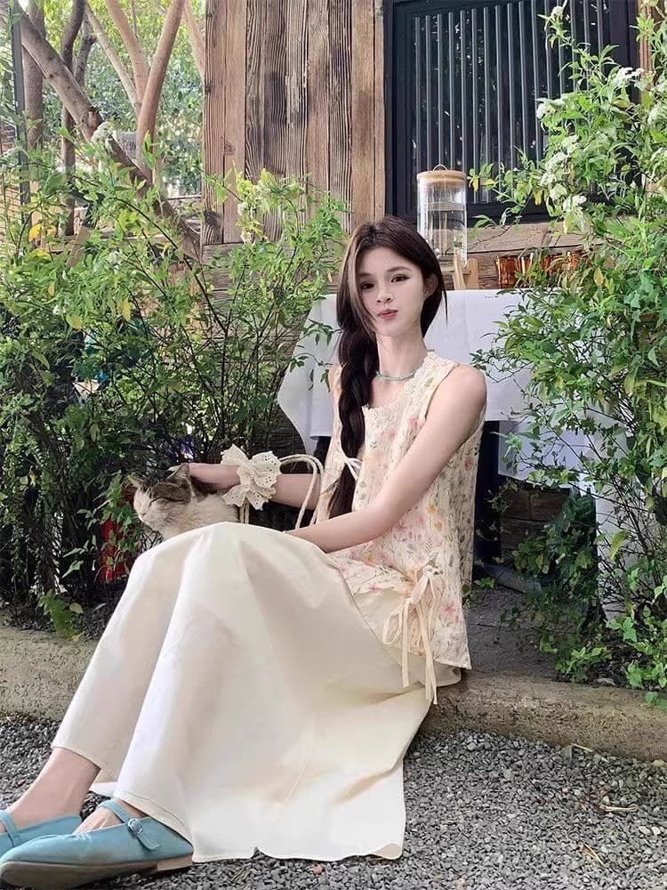 원본 원단 작은 청신 꽃무늬 레이스 민소매 맨위 여성 여름 새로운 한 부서 부드러운 바람 달콤함 상세 이미지 6