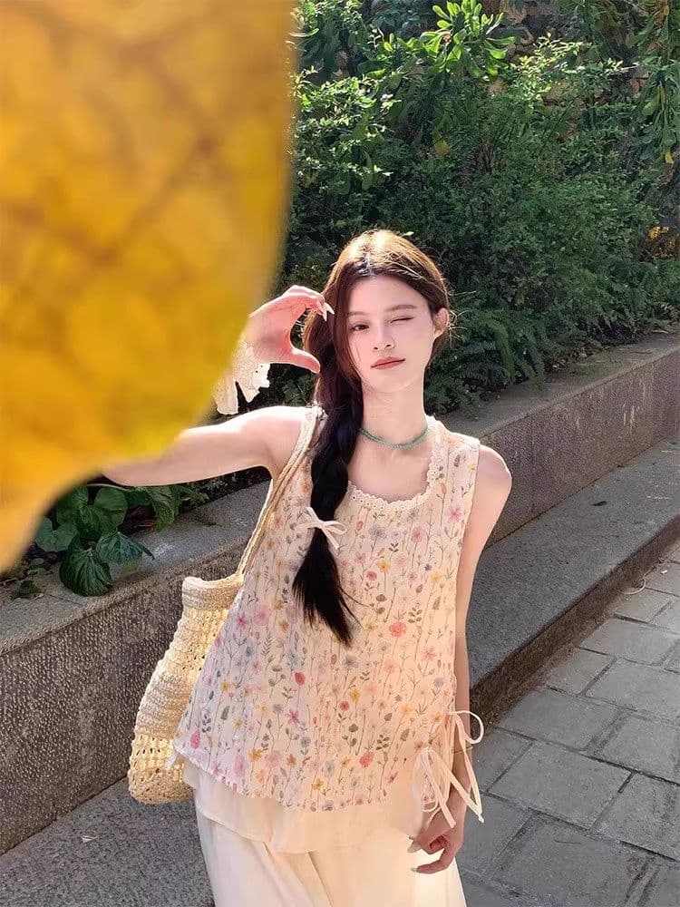 원본 원단 작은 청신 꽃무늬 레이스 민소매 맨위 여성 여름 새로운 한 부서 부드러운 바람 달콤함 상세 이미지 7
