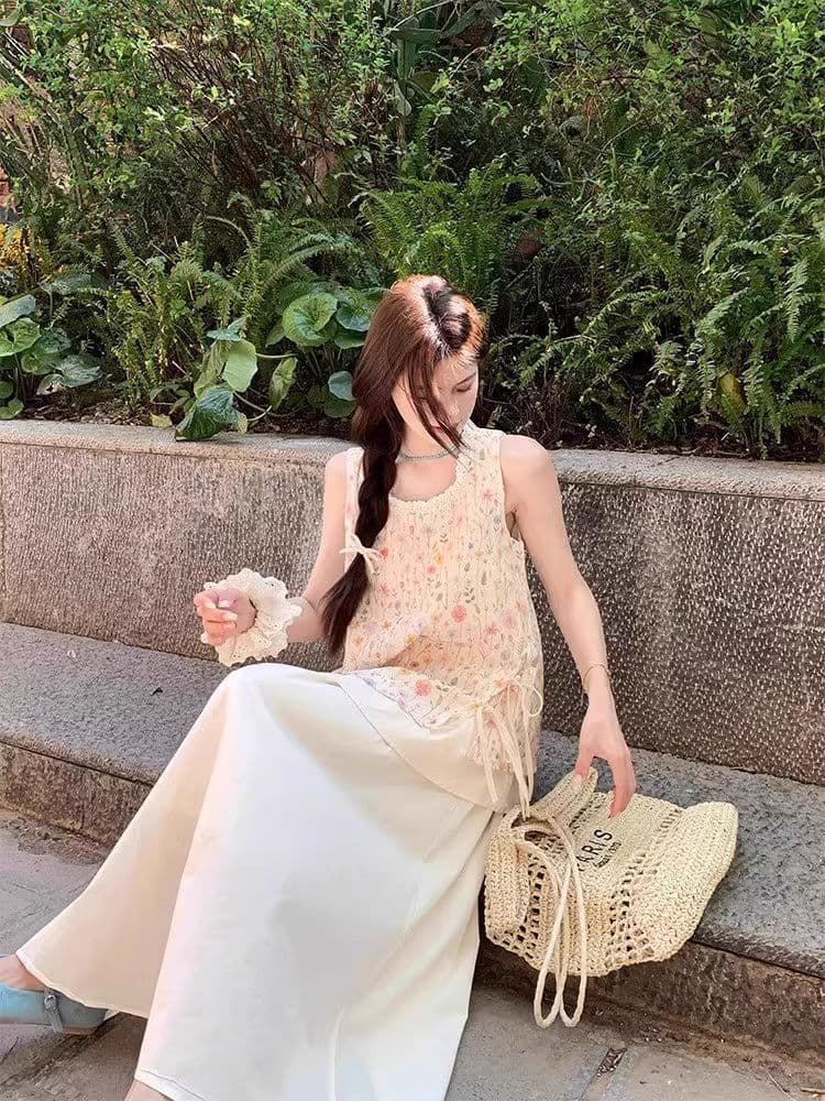 원본 원단 작은 청신 꽃무늬 레이스 민소매 맨위 여성 여름 새로운 한 부서 부드러운 바람 달콤함 상세 이미지 8