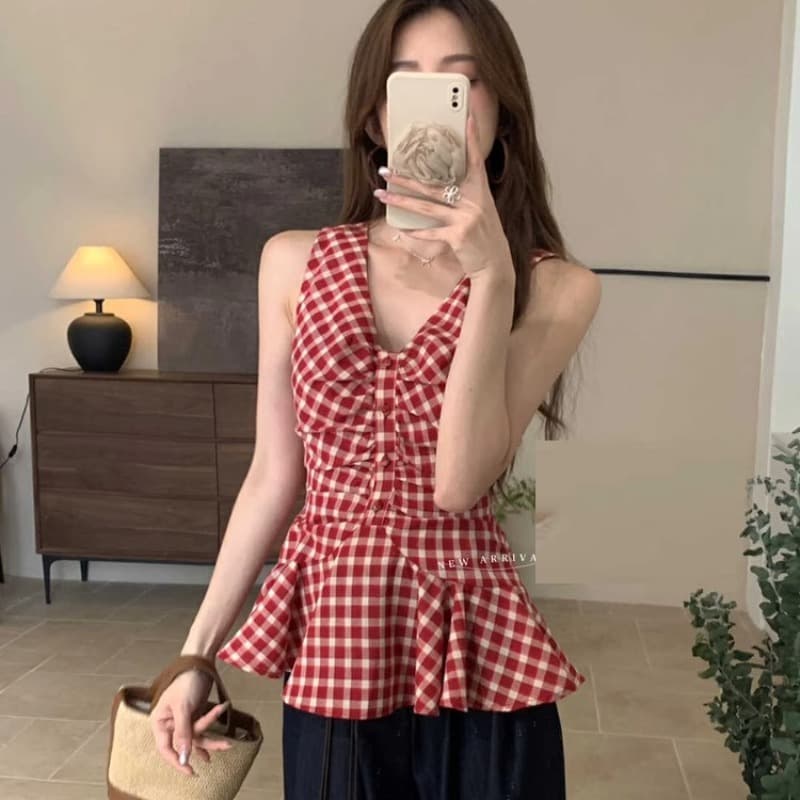 한 부서 주름 체크무늬 여성 셔츠 여름 드레스 프릴 작은 키 민소매 작은 셔츠 인형 셔츠 체크무늬 V넥 맨위 이미지 5