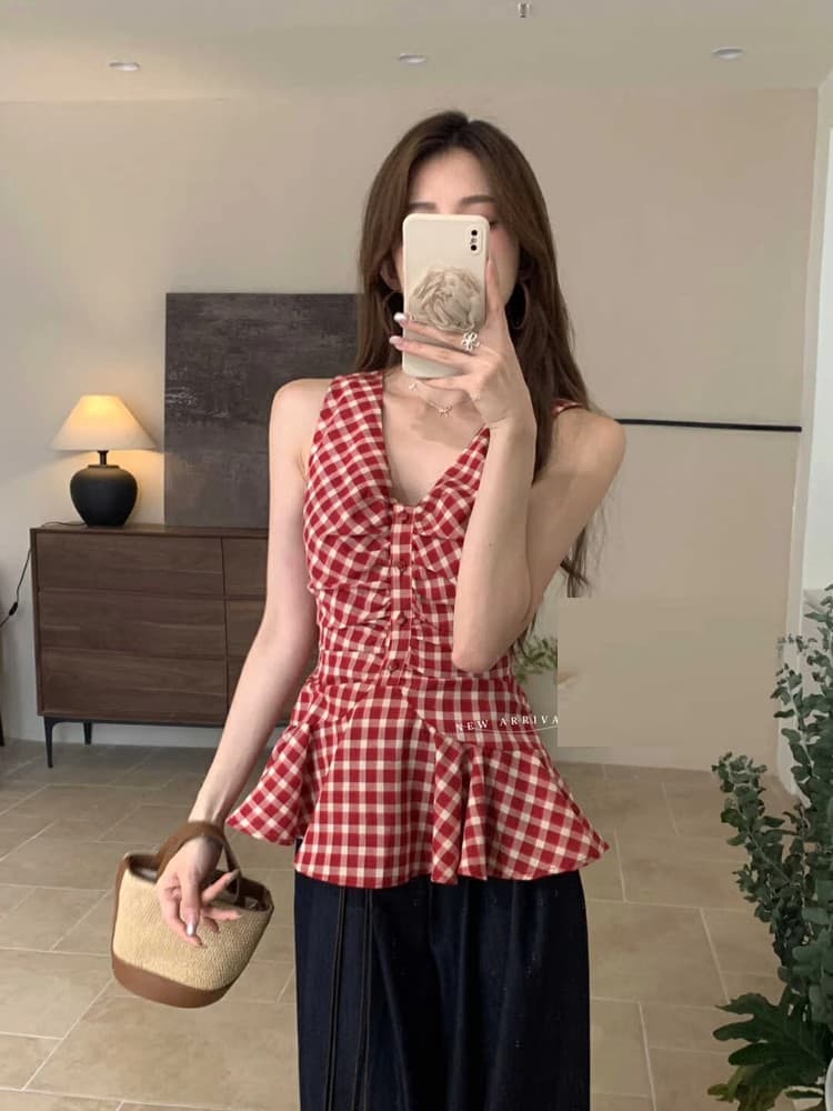 한 부서 주름 체크무늬 여성 셔츠 여름 드레스 프릴 작은 키 민소매 작은 셔츠 인형 셔츠 체크무늬 V넥 맨위 상세 이미지 8