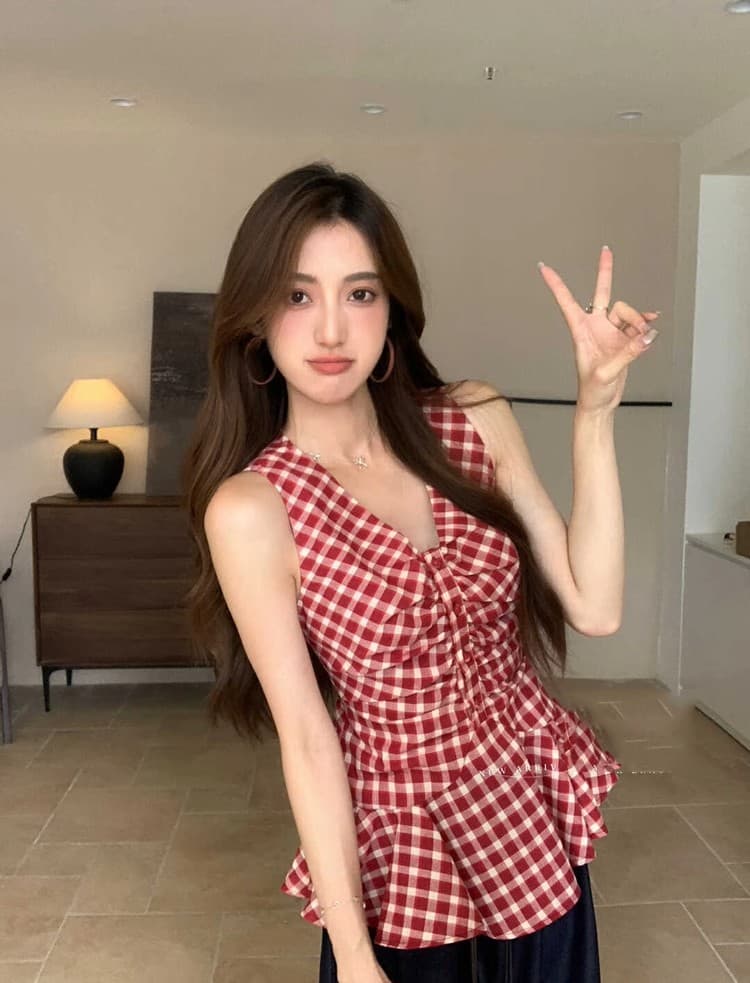 한 부서 주름 체크무늬 여성 셔츠 여름 드레스 프릴 작은 키 민소매 작은 셔츠 인형 셔츠 체크무늬 V넥 맨위 상세 이미지 9
