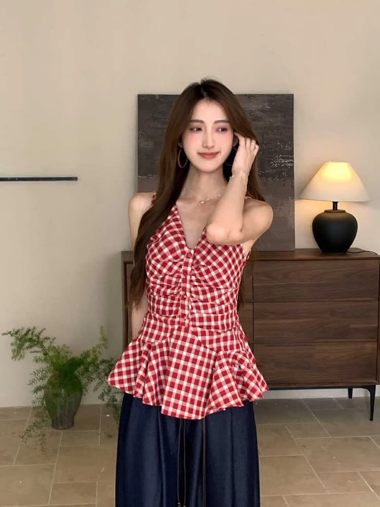 한 부서 주름 체크무늬 여성 셔츠 여름 드레스 프릴 작은 키 민소매 작은 셔츠 인형 셔츠 체크무늬 V넥 맨위 상세 이미지 10