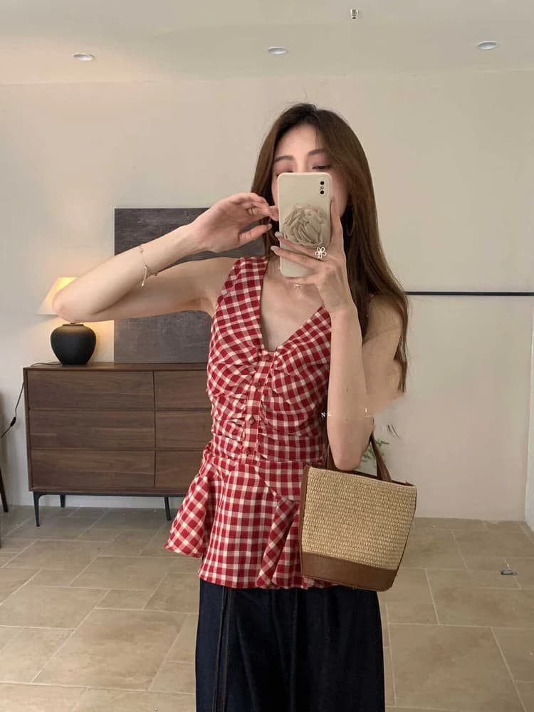 한 부서 주름 체크무늬 여성 셔츠 여름 드레스 프릴 작은 키 민소매 작은 셔츠 인형 셔츠 체크무늬 V넥 맨위 상세 이미지 11