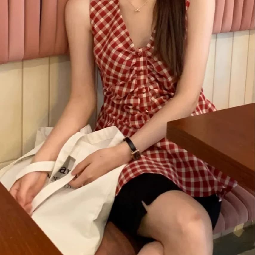 한 부서 주름 체크무늬 여성 셔츠 여름 드레스 프릴 작은 키 민소매 작은 셔츠 인형 셔츠 체크무늬 V넥 맨위