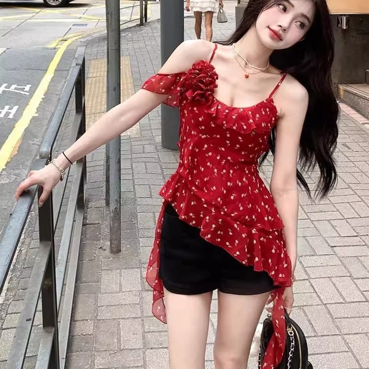 꽃무늬 불규칙 프릴 캐미솔 여름 디자인 센스 허리 수축 몸매 가꾸기 민소매 쉬폰 톱 이미지 4