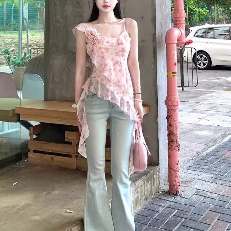 꽃무늬 불규칙 프릴 캐미솔 여름 디자인 센스 허리 수축 몸매 가꾸기 민소매 쉬폰 톱 이미지 3