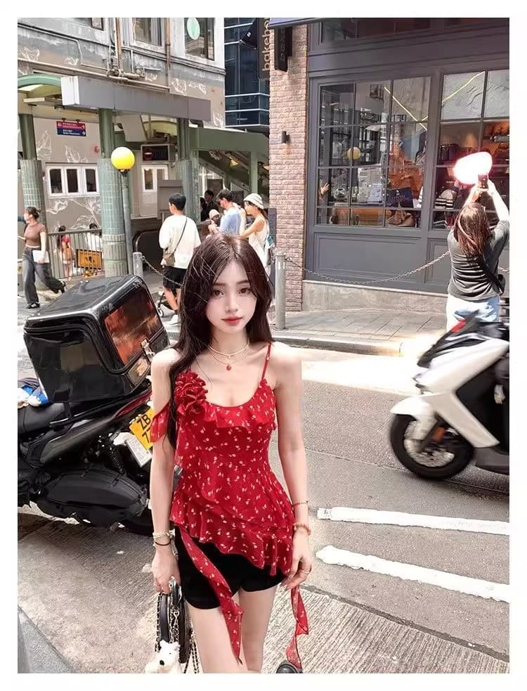 꽃무늬 불규칙 프릴 캐미솔 여름 디자인 센스 허리 수축 몸매 가꾸기 민소매 쉬폰 톱 상세 이미지 9