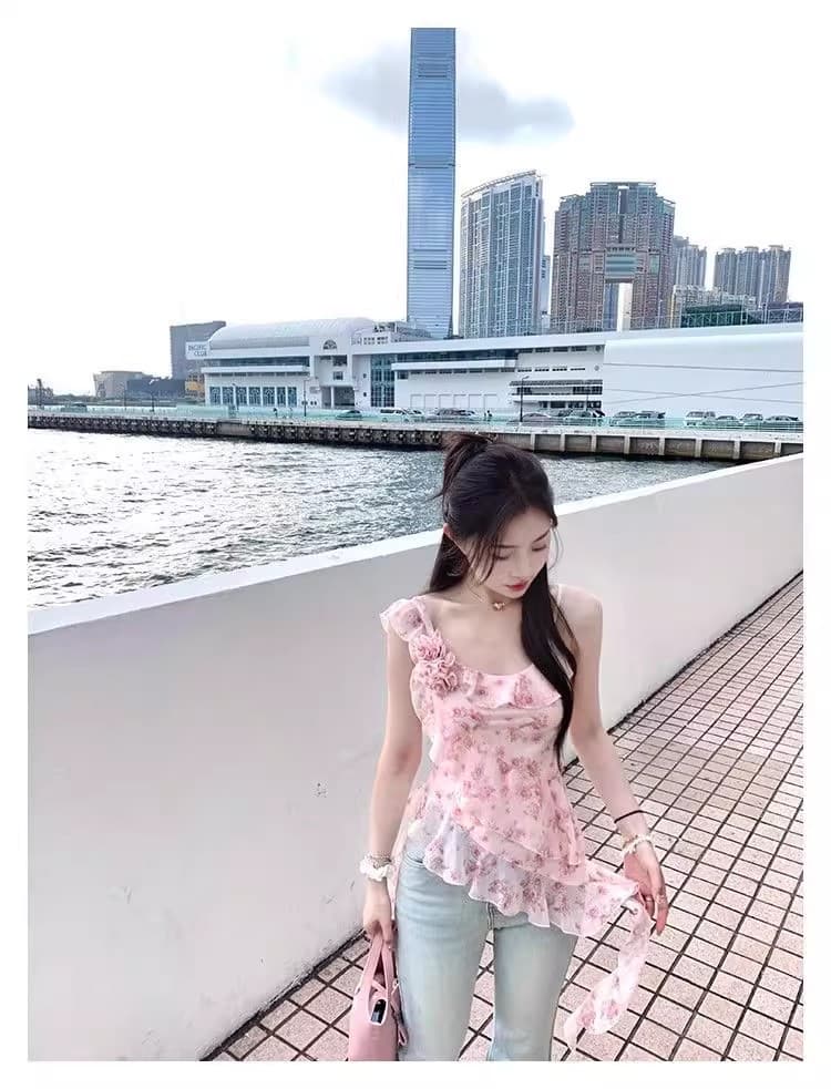 꽃무늬 불규칙 프릴 캐미솔 여름 디자인 센스 허리 수축 몸매 가꾸기 민소매 쉬폰 톱 상세 이미지 10