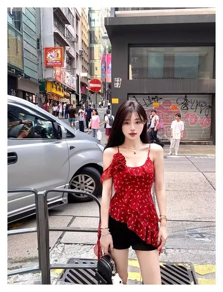 꽃무늬 불규칙 프릴 캐미솔 여름 디자인 센스 허리 수축 몸매 가꾸기 민소매 쉬폰 톱 상세 이미지 19