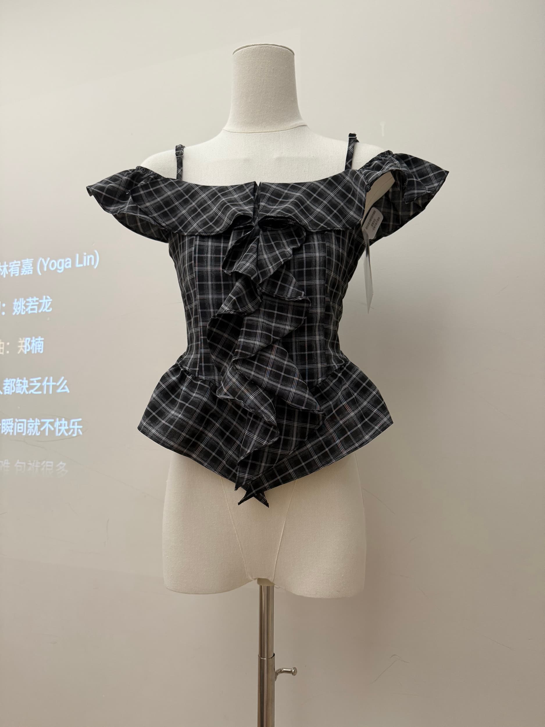 순수한 욕망 바람 품격 체크무늬 보트넥 오프숄더 여성 셔츠 여름 새로운 디자인 센스 쇼트 스타일 다용도 캐주얼 맨위 상세 이미지 2