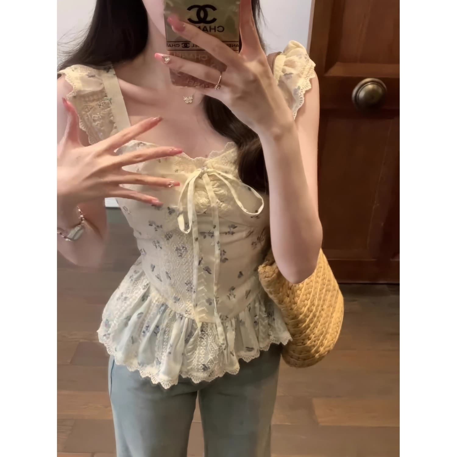 프랑스식 품격 꽃무늬 광장 칼라 작은 날다 소매 여성 셔츠 여름 디자인 센스 허리 수축 품격 셔츠 프릴 맨위 이미지 4