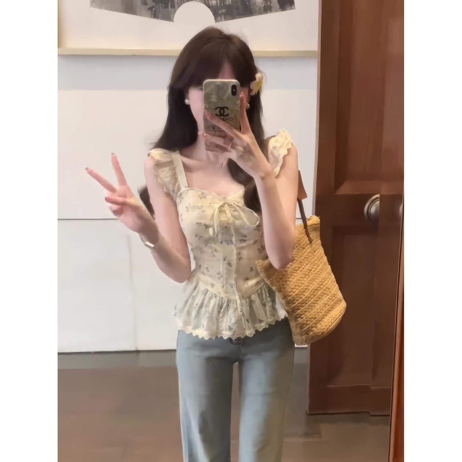 프랑스식 품격 꽃무늬 광장 칼라 작은 날다 소매 여성 셔츠 여름 디자인 센스 허리 수축 품격 셔츠 프릴 맨위 상세 이미지 3