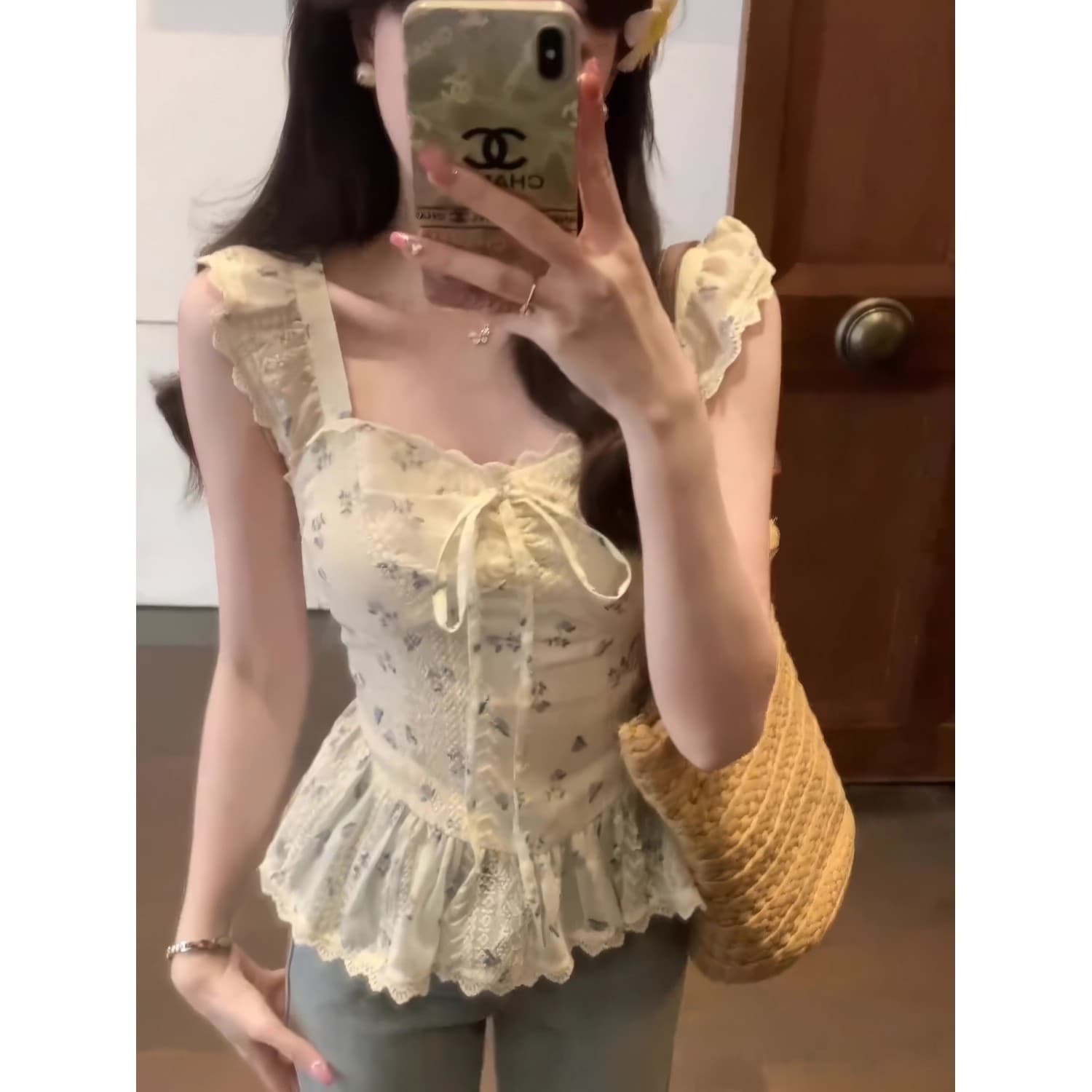 프랑스식 품격 꽃무늬 광장 칼라 작은 날다 소매 여성 셔츠 여름 디자인 센스 허리 수축 품격 셔츠 프릴 맨위 상세 이미지 5