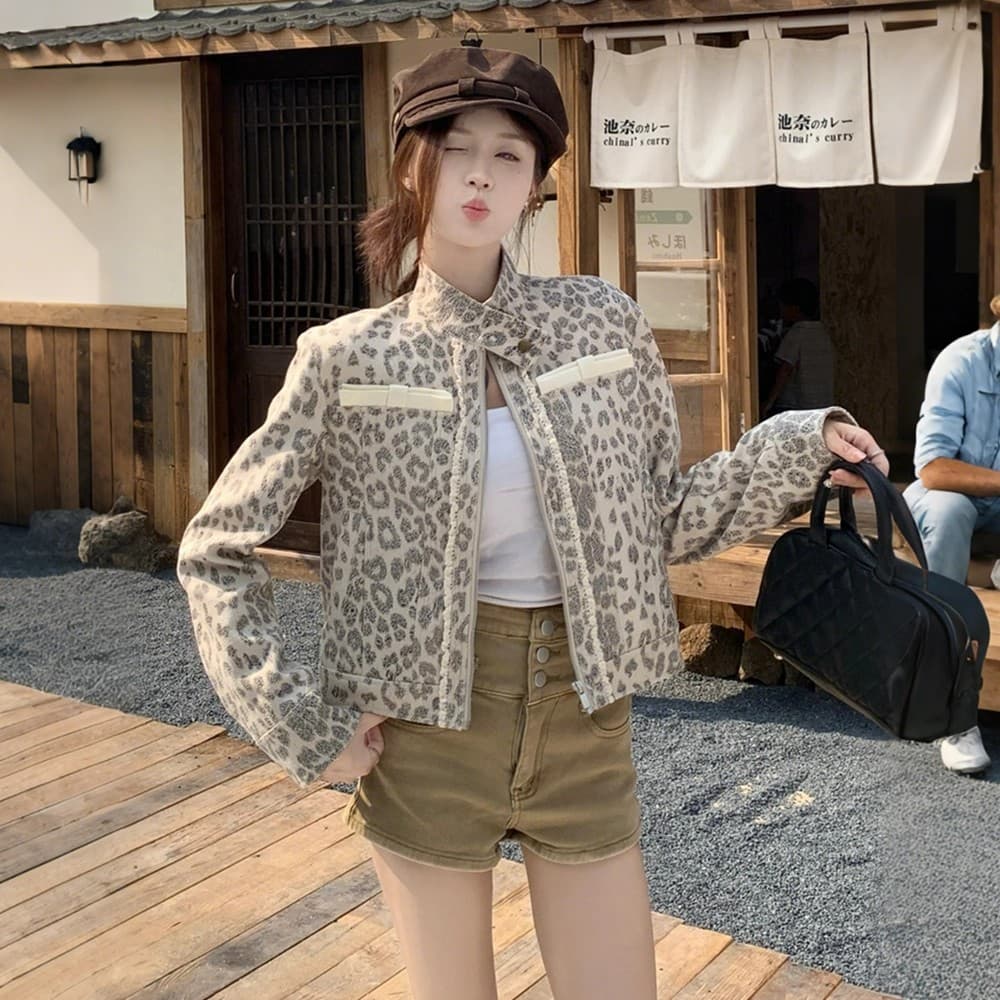 아메리칸 레트로 레오파드 무늬 오토바이 재킷 여성 코트 봄 작은 키 마 오래된 세트 염색 스탠드 칼라 쇼트 스타일 오픈 가디건 맨위 이미지 5