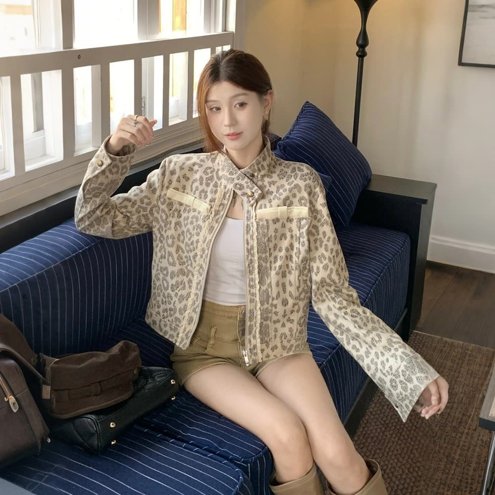 아메리칸 레트로 레오파드 무늬 오토바이 재킷 여성 코트 봄 작은 키 마 오래된 세트 염색 스탠드 칼라 쇼트 스타일 오픈 가디건 맨위 이미지 2