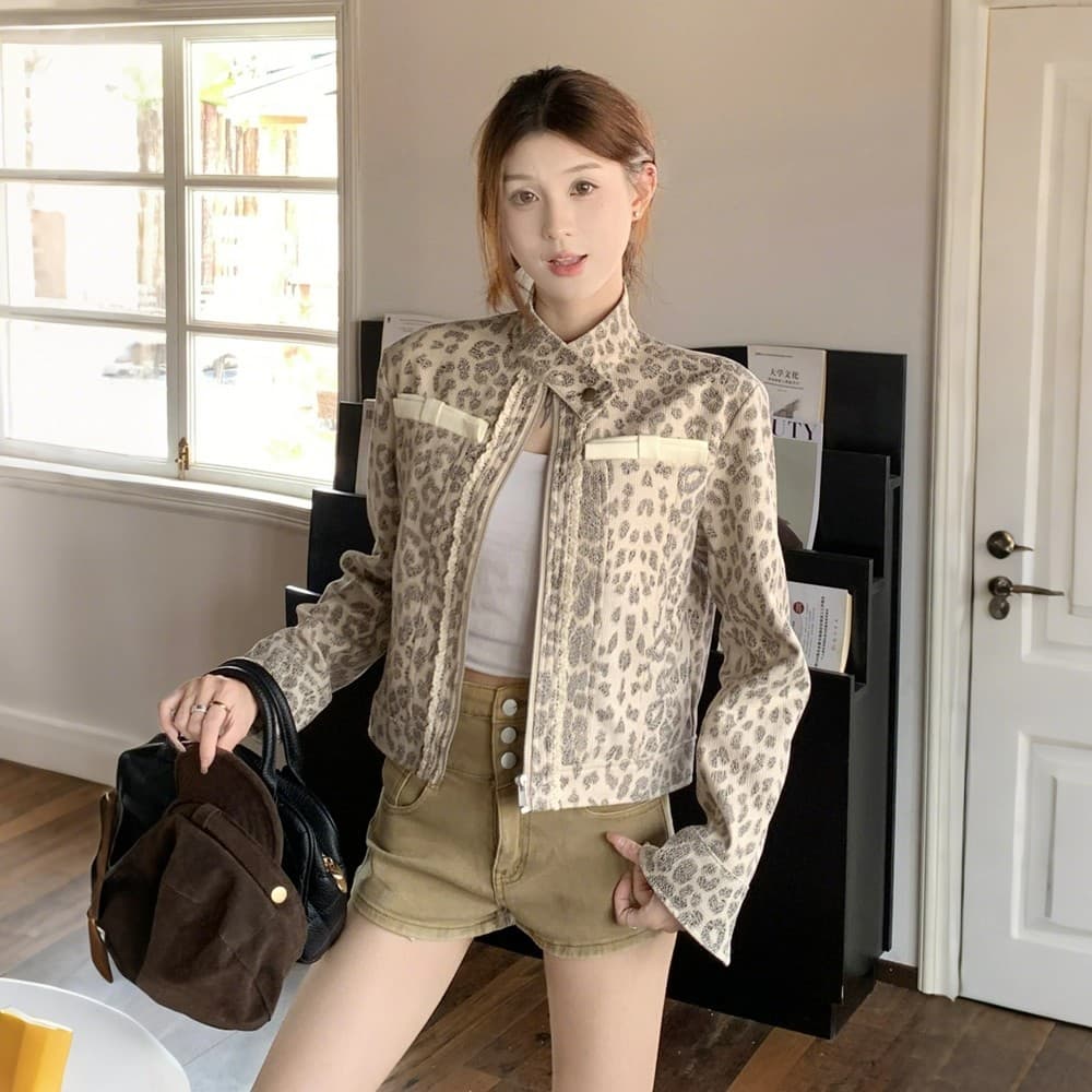 아메리칸 레트로 레오파드 무늬 오토바이 재킷 여성 코트 봄 작은 키 마 오래된 세트 염색 스탠드 칼라 쇼트 스타일 오픈 가디건 맨위 이미지 4