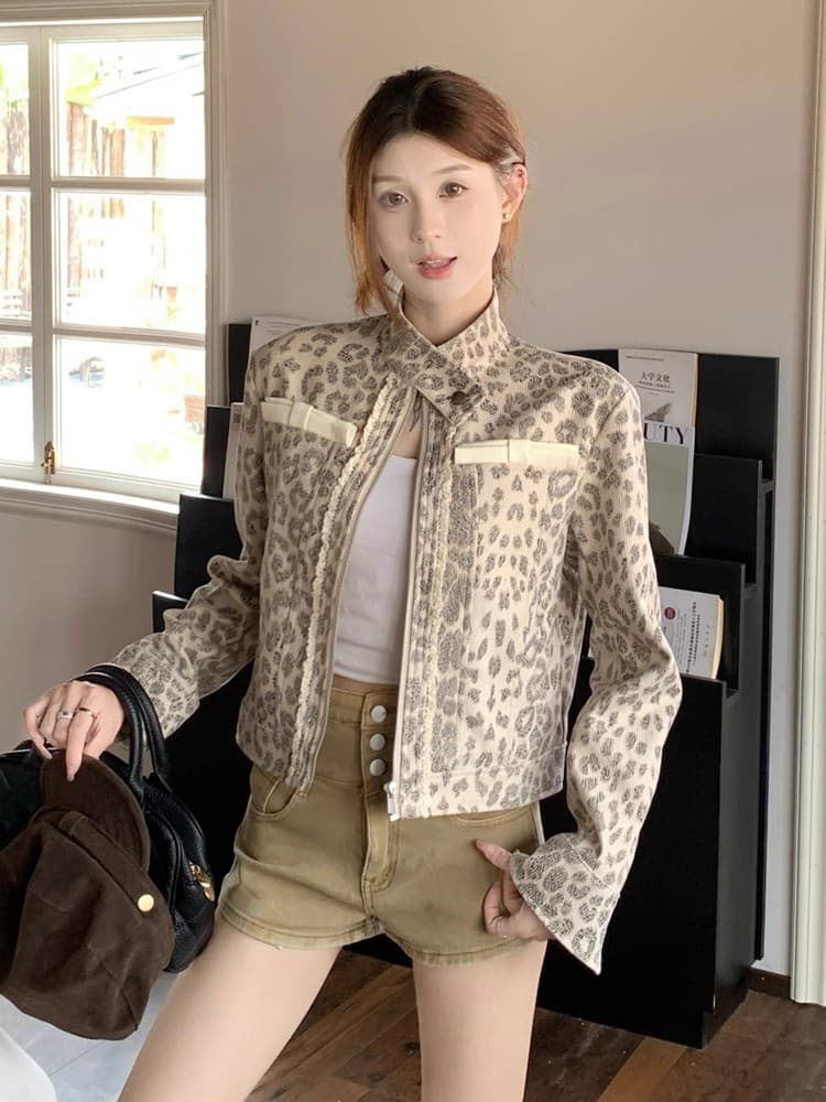 아메리칸 레트로 레오파드 무늬 오토바이 재킷 여성 코트 봄 작은 키 마 오래된 세트 염색 스탠드 칼라 쇼트 스타일 오픈 가디건 맨위 상세 이미지 4