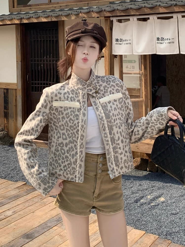 아메리칸 레트로 레오파드 무늬 오토바이 재킷 여성 코트 봄 작은 키 마 오래된 세트 염색 스탠드 칼라 쇼트 스타일 오픈 가디건 맨위 상세 이미지 6